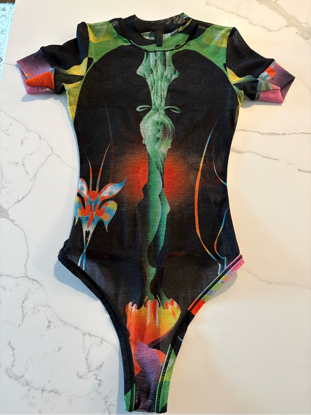 SKIMS Black Multicolor Graphic Short-Sleeve Bodysuit